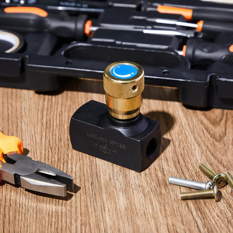 3/8 Inch NPT Hydraulic Flow Control Needle Valve With Bidirectional Flow And Shutoff For Precision Hydraulic Systems, Rugged Metal Body, Easy Install, A Solid Pick For Machinery And Industrial Hydraulics on a wooden surface with tools nearby.