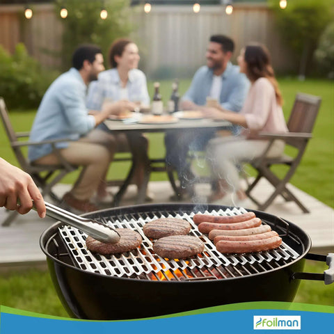 Heavy Duty Disposable Aluminum Grill Liners 12 x 20 Inch Nonstick Sheets used for outdoor BBQ with sausages and burgers grilling