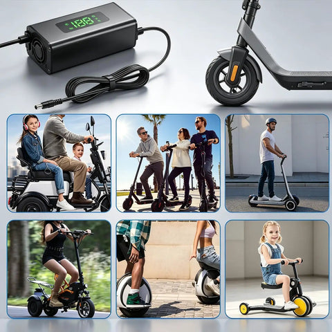 54.6V 2A Electric Scooter Charger With LED Display for Hoverboards and 48V Lithium Batteries, real-time charge progress