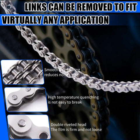 Close-up of 420 Motorcycle Chain With 132 Links And Chain Breaker Kit For 50cc To 212cc ATVs And Dirt Bikes showing chain details