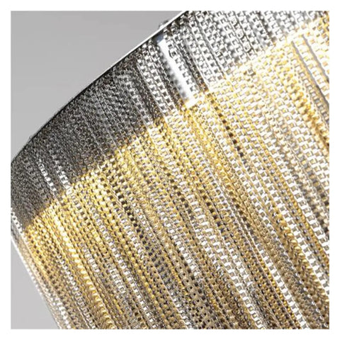 Close-up of Modern LED Tassel Pendant Lights Aluminum Chain Chandeliers showing intricate tassel design and aluminum finish.