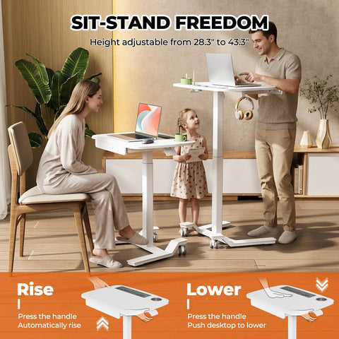 Adjustable Height Rolling Desk With Drawer Swivel Casters Mobile Standing Workstation Slides Under Low Sofa And Bed Smooth Glide Design Zero Hassle Home Office Setup Total Flex For Your Space with adjustable height feature.