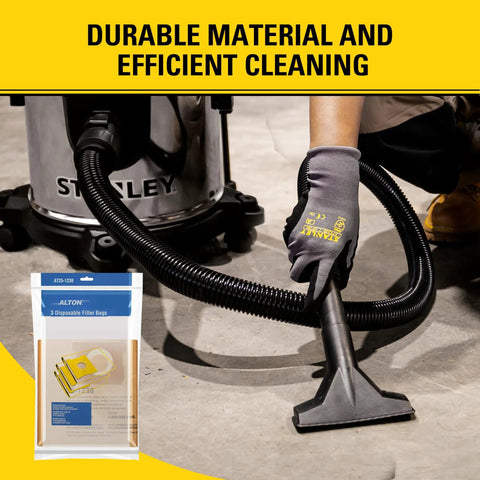 Three Pack AT25 1238 Dust Bags For 4 Gallon Wet Dry Vacuums OEM Grade Replacement Filter Bags Compatible With Porter Cable PCX18301 4B And Stanley SL18301 3B Heavy Duty Premium Paper Construction