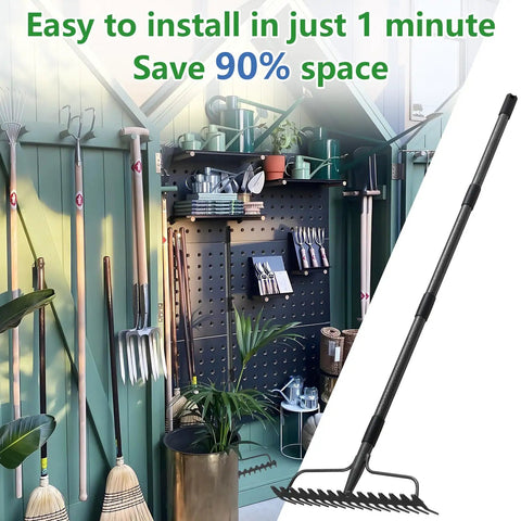 49 Inch Bow Rake Two In One Metal Garden Rake displayed on garage wall with easy storage