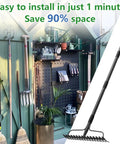 63 Inch Bow Rake Two In One Metal Garden Rake in storage with other garden tools, adjustable head, 17 tines displayed.