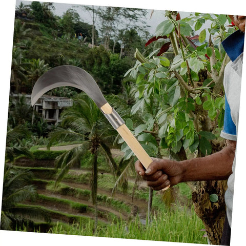 Person holding Long Handle Manganese Steel Grass Sickle For Weeding And Harvesting All Purpose Garden Tool With Wooden Anti Slip Handle