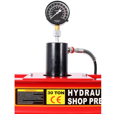 Heavy Duty 30 Ton Air Hydraulic Shop Press With Gauge And Sturdy H Frame Rig For Tough Garage Mods and Pro Mechanic Grinds: gauge and ram detail.