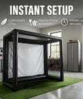 Inflatable Golf Simulator Enclosure With White Projection Screen, Portable Practice Net Tent For Indoor Outdoor Use, 1.5m L By 3.5m W By 2.8m H, Includes Air Pump For Home Garage Office Training, displayed in a garage.