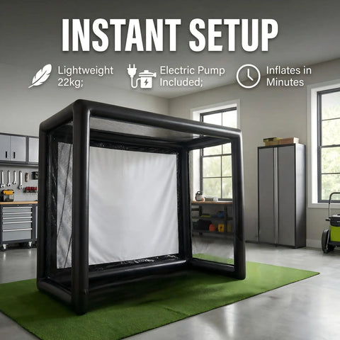 Inflatable Golf Simulator Enclosure With White Projection Screen, Portable Practice Net Tent For Indoor Outdoor Use, 1.5m L By 3.5m W By 2.8m H, Includes Air Pump For Home Garage Office Training, displayed in a garage.