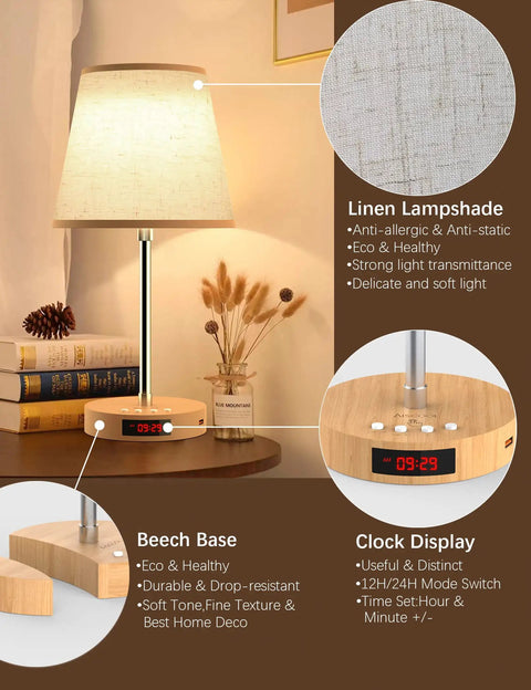 Lit LED Table Lamp With Touch Dimmer USB C Charging Ports Height Adjustable Bedside Nightstand Lamp, linen & beech details