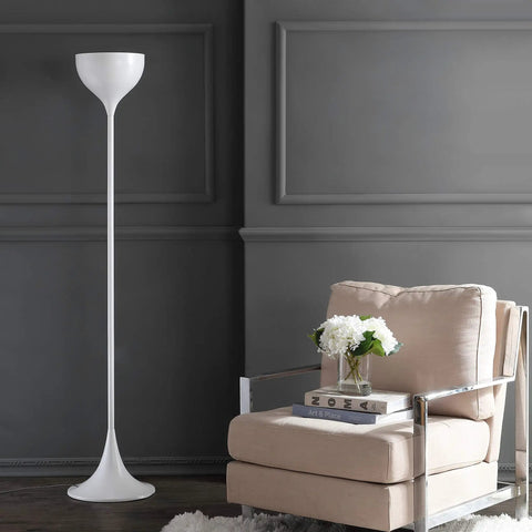 White Modern Metal LED Floor Lamp With Round Metal Shade, Foot Switch, UL Listed, LED Bulb Included in living room