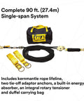 90 Foot Horizontal Lifeline System With Static Kernmantle Rope And Energy Absorber For Industrial Fall Protection Includes Two Six Foot Tie Off Adaptors Tensioner And Portable Black Bag, featuring rope, adaptors, and carrying bag.