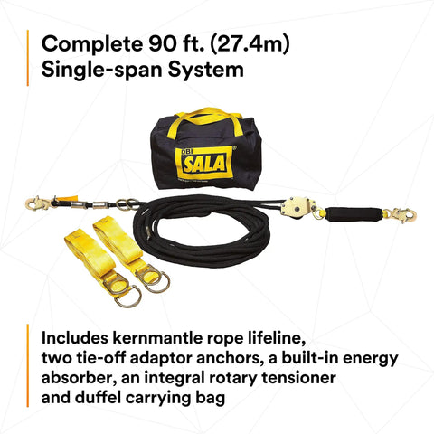 90 Foot Horizontal Lifeline System With Static Kernmantle Rope And Energy Absorber For Industrial Fall Protection Includes Two Six Foot Tie Off Adaptors Tensioner And Portable Black Bag, featuring rope, adaptors, and carrying bag.