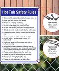 Hot Tub Safety Rules Sign For Pool Area Outdoor Durable 10x14 Inches Rust Free Aluminum Fade Resistant Made In USA Indoor Outdoor Use Weatherproof Sign That Keeps Guests In Check And Safe displayed on a fence with instructions for wall and fence mounting