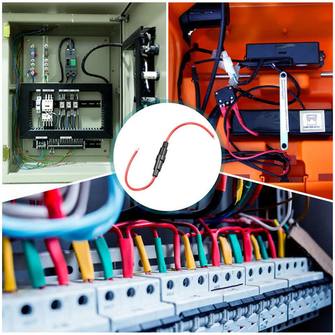 Premium Grade 5 Pack Inline Screw Type Fuse Holders With Color Coded Red Wire And Top Shelf 5 Amp Fast Blow Glass Fuses in a circuit box.