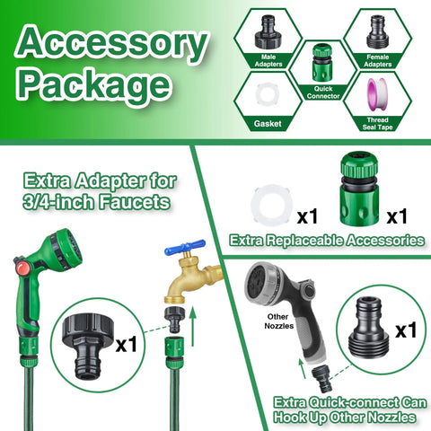 Accessory package for Retractable 50 Ft Garden Hose Reel With Half Inch Hose And 10 Pattern Nozzle, adapters and connectors.