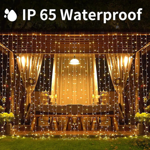 Solar Curtain Lights 300 LED Fairy String Lights With USB and Solar Dual Power on gazebo, IP65 waterproof, warm white glow