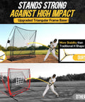 Image of a 7x7 Baseball And Softball Net With Large Ball Collection System, upgraded triangular base in a field with player hitting.
