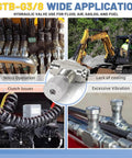 Image of Stb G Three Eighths Inch Hydraulic Flow Control Valve With L08 M14 Connection installed in excavator with fittings visible.