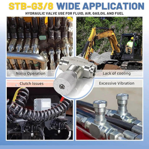 Image of Stb G Three Eighths Inch Hydraulic Flow Control Valve With L08 M14 Connection installed in excavator with fittings visible.