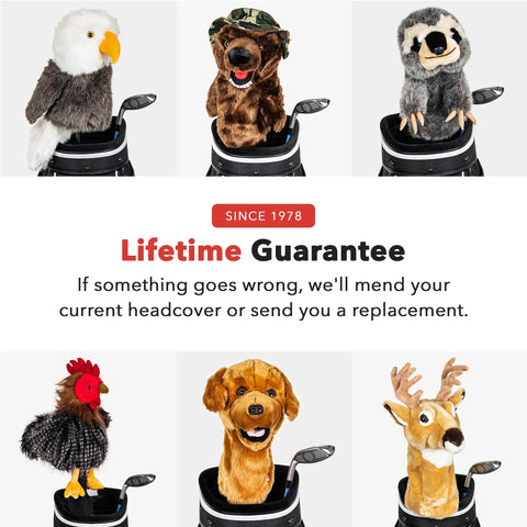 Various animal-themed golf headcovers including Deer Driver Headcover For 460cc Drivers Premium Golf Club Cover With Plush Fur Got You Covered Funny Yet Stylish Protection For Your Clubs Fits Men And Women Durable Golf Gear.