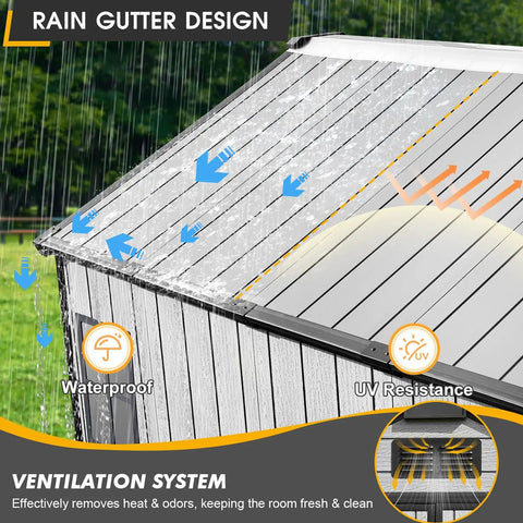 8x6 Ft Outdoor Resin Storage Shed With Lockable Doors And Windows, rain gutter design, UV resistance, waterproof feature