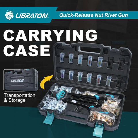 Rivet Nut Tool Kit 16 Inch Hand Rivnut Kit with 11 Interchangeable Mandrels and 110 Rivet Nuts in carrying case.