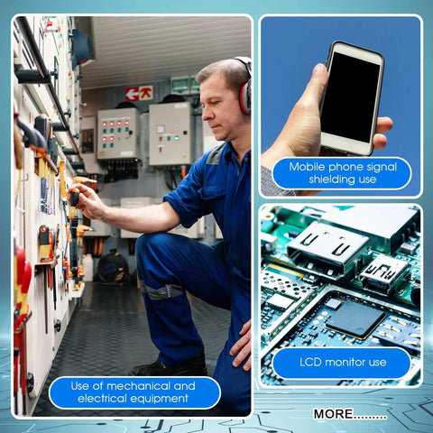 Man working with equipment, phone for signal shielding, and close-up of LCD monitor use, Triple Pack Conductive Fabric Tape For Shielding