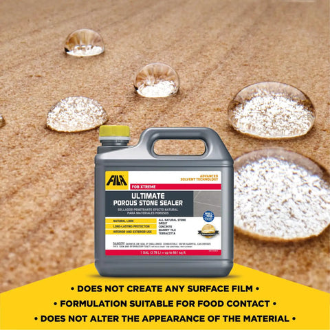 Real Deal Solvent Based Stone And Concrete Sealer For Granite Marble Limestone Indoors Outdoors One Gallon on sandy surface with water beads.