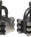 Pro Grade Two V Blocks And Two Clamps Matched Pair Set For Precision Workholding, showing 2 inch round and 1-7/16 inch square capacity.