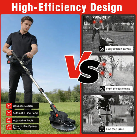 Cordless 24V Weed Wacker With Eight Inch Cutting Head Foldable 3 In 1 Trimmer Edger Mower design comparison graphic