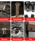 Examples of broken screws and bolts, including screw broken, thread damage, bolt fracture, slip screw, hard to take out, rust issues.