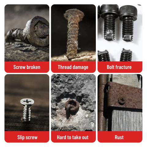 Examples of broken screws and bolts, including screw broken, thread damage, bolt fracture, slip screw, hard to take out, rust issues.