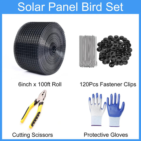 Solar Panel Guard Roll Kit With Half Inch PVC Coated Critter Netting 6 Inch By 100 Foot Black Keeps Pesky Birds Out And Protects Roof Wires And Equipment Includes 120 Fastener Clips Cutting Scissors And Gloves displayed