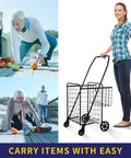 Person with Folding Shopping Cart With 200 Lb Capacity, Heavy Duty Grocery Cart, black frame, standing on street with smile