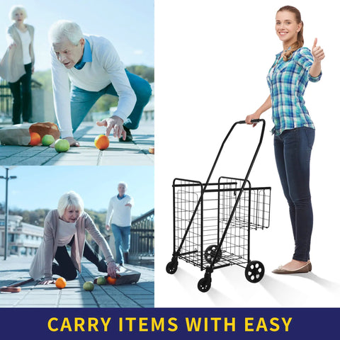 Person with Folding Shopping Cart With 200 Lb Capacity, Heavy Duty Grocery Cart, black frame, standing on street with smile