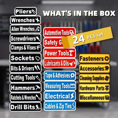 Magnetic Tool Box Label Kit 24 Pack With 3D Printed Magnetic Backing, Color Coded System In Black Red Blue Yellow For Quick Grab And Go Organization, Fits Craftsman Snap On Husky US General Tool Chests.