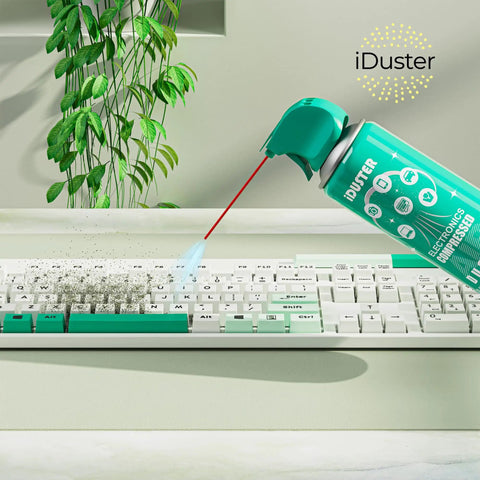 Keyboard Cleaner Air Spray For Computers And Electronics 10oz Can Duster 3 Pack Keeps Your Gear Dust Free, used on a keyboard.