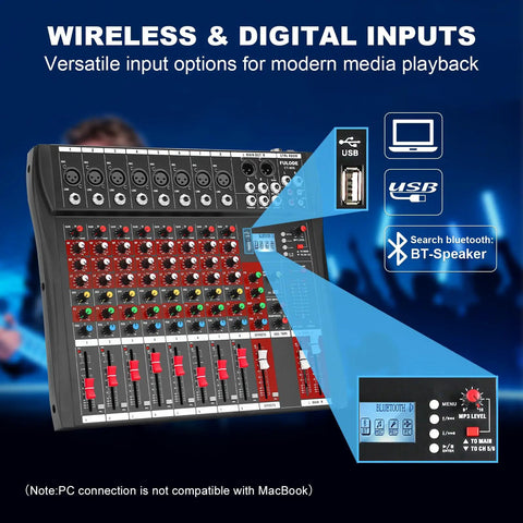 Eight Channel DJ Mixer For Home Studio And Live Gigs With Bluetooth And USB MP3 Playback, showing wireless and digital inputs