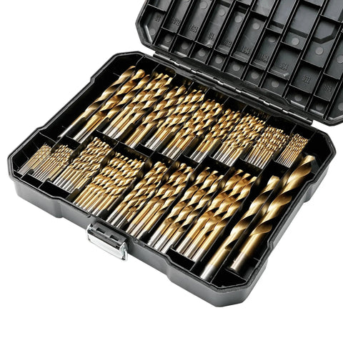 230-Piece Titanium Coated HSS Drill Bit Set with 135 Degree Tips displayed in storage box, 1/16 to 1/2 inch range.