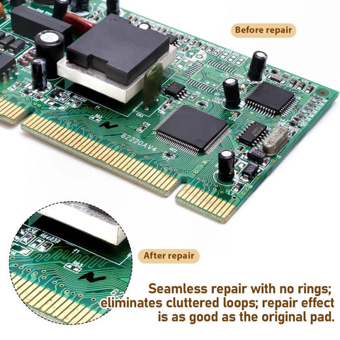 All In One PCB Trace Repair Kit With 2780 Solder Pads Blocks And Repair Components showing before and after repair results