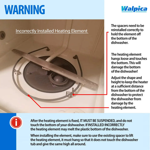 Incorrectly installed Dishwasher Heating Element Replacement W10518394 with 2 fasteners shown close to dishwasher base.