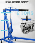 Heavy Duty Two Ton Shop Crane Engine Hoist Smooth Hydraulic Lifter For Auto Shops, 2 ton capacity, blue frame with engine, 4 load positions.