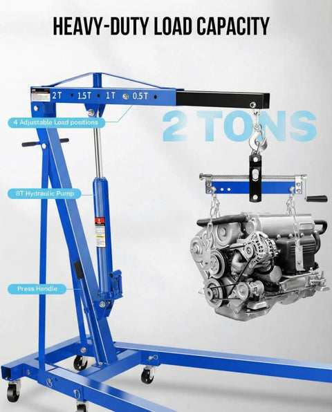 Heavy Duty Two Ton Shop Crane Engine Hoist Smooth Hydraulic Lifter For Auto Shops, 2 ton capacity, blue frame with engine, 4 load positions.