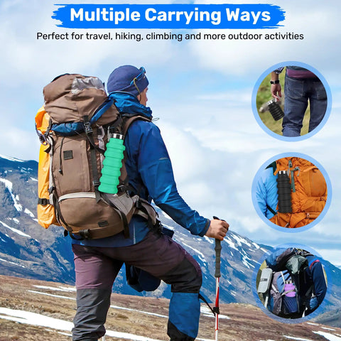 Hiker with backpack using Collapsible 16oz Silicone Water Bottle With Carabiner For Gym Travel Camping Hiking Sports Lightweight BPA