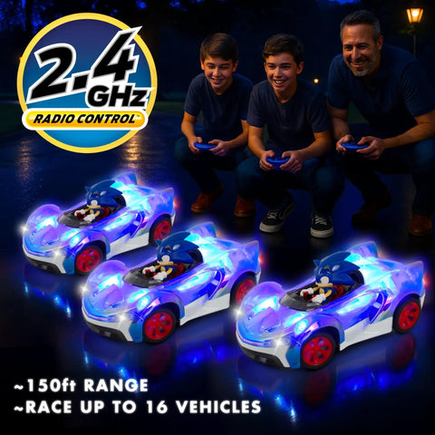 Family enjoying Sonic Glow Racer RC Car Ready To Run 1 24 Scale With Light Up Body And Turbo Boost LEDs at night