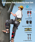 Man using Height Adjustable Tree Climbing Spikes Set With Straps And Protectors, Pro Grade Lightweight Aluminum Spurs For Arborist Work.