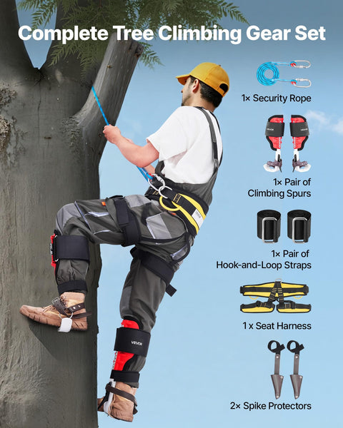 Man using Height Adjustable Tree Climbing Spikes Set With Straps And Protectors, Pro Grade Lightweight Aluminum Spurs For Arborist Work.