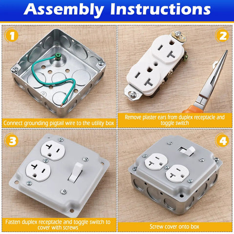 4x4 Inch 2 Gang Metal Electrical Box Switch And Outlet Combo Kit assembly instructions with grounding wire and tools