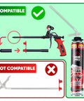 Mega Size Expanding Foam Insulation Sealant Spray Easy Fix Gap Filler displayed with compatible and non-compatible tools.